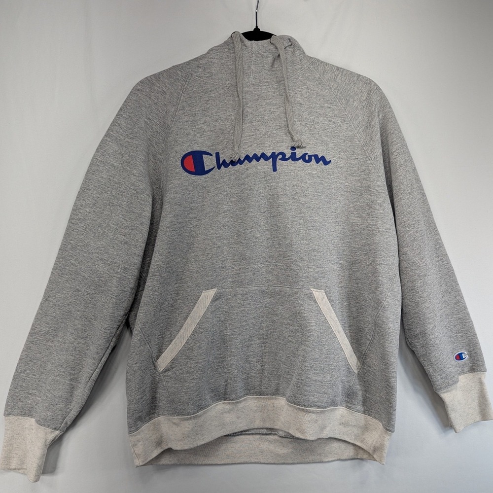 Champion Mens XL Gray Funnel‎ Neck Pullover Hoodie Raglan Script Logo Sweatshirt